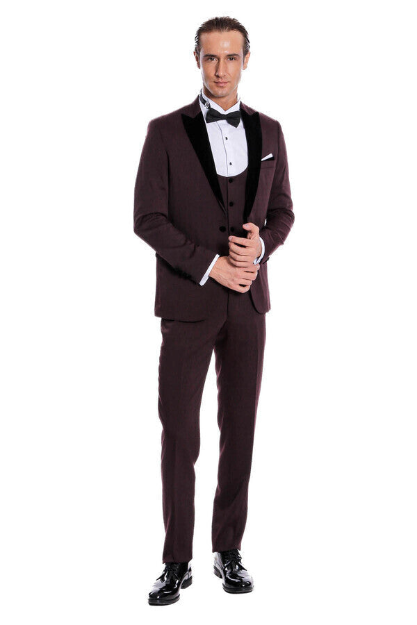 Velvet Lapel Slim Fit Burgundy Men Tuxedo