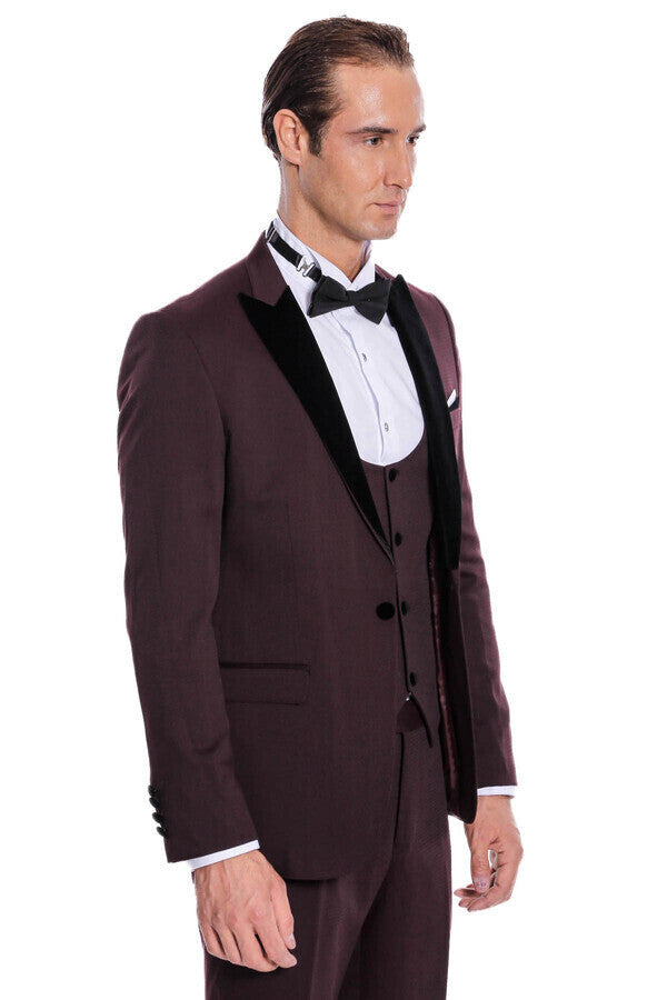 Velvet Lapel Slim Fit Burgundy Men Tuxedo