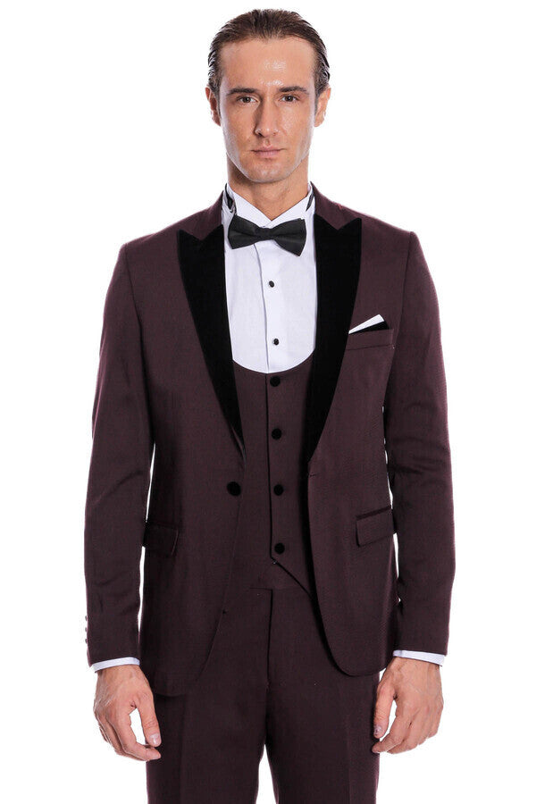 Velvet Lapel Slim Fit Burgundy Men Tuxedo
