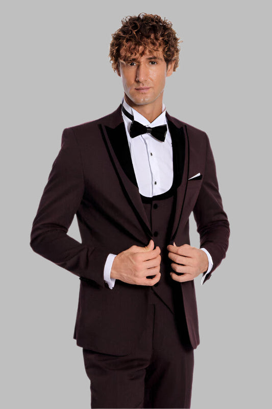 Velvet Lapel Vested Patterned Burgundy Men Tuxedo