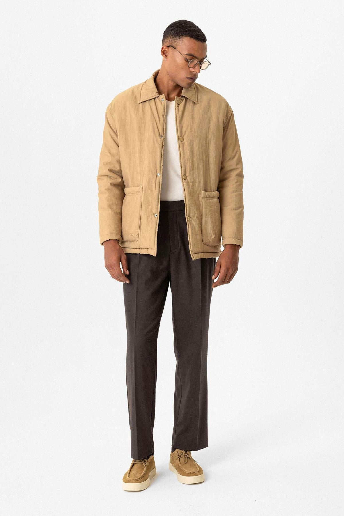 Taupe Lightly Padded Men's Jacket with Cargo Pockets