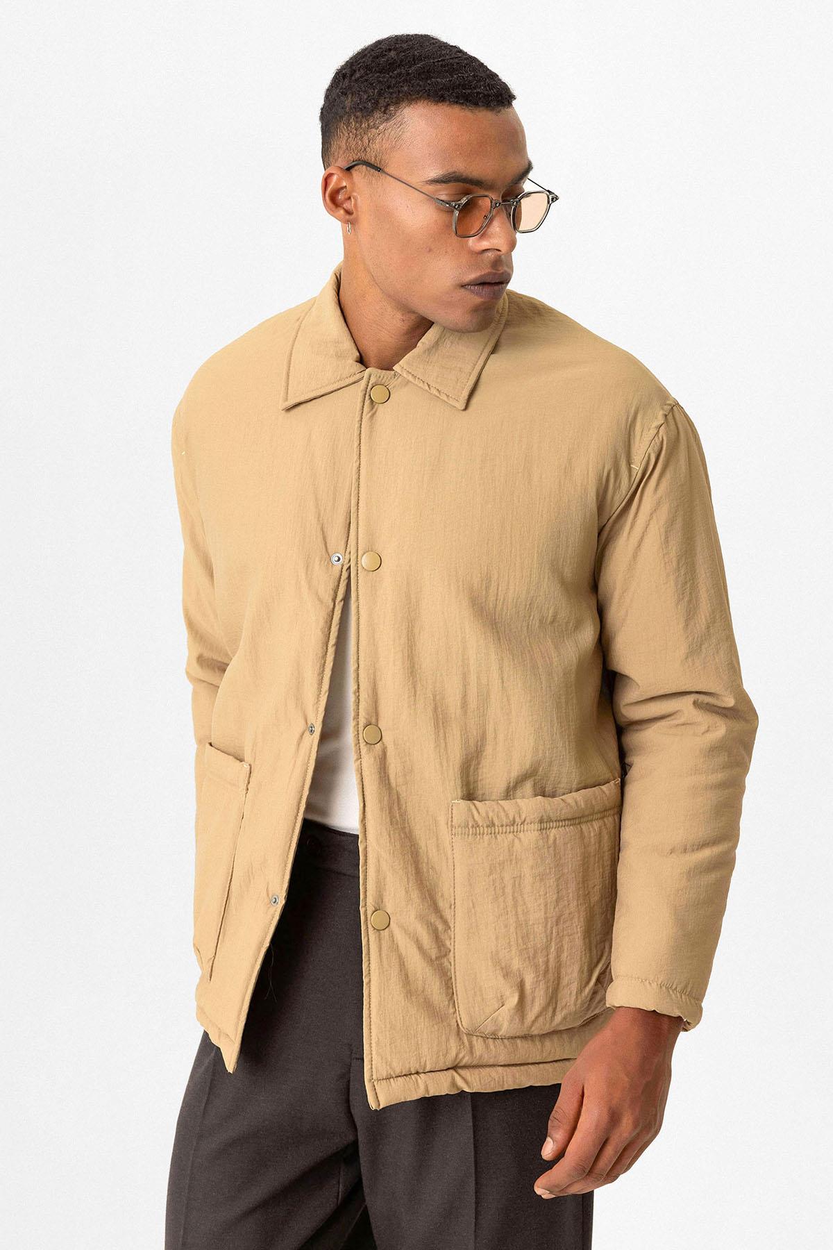 Taupe Lightly Padded Men's Jacket with Cargo Pockets