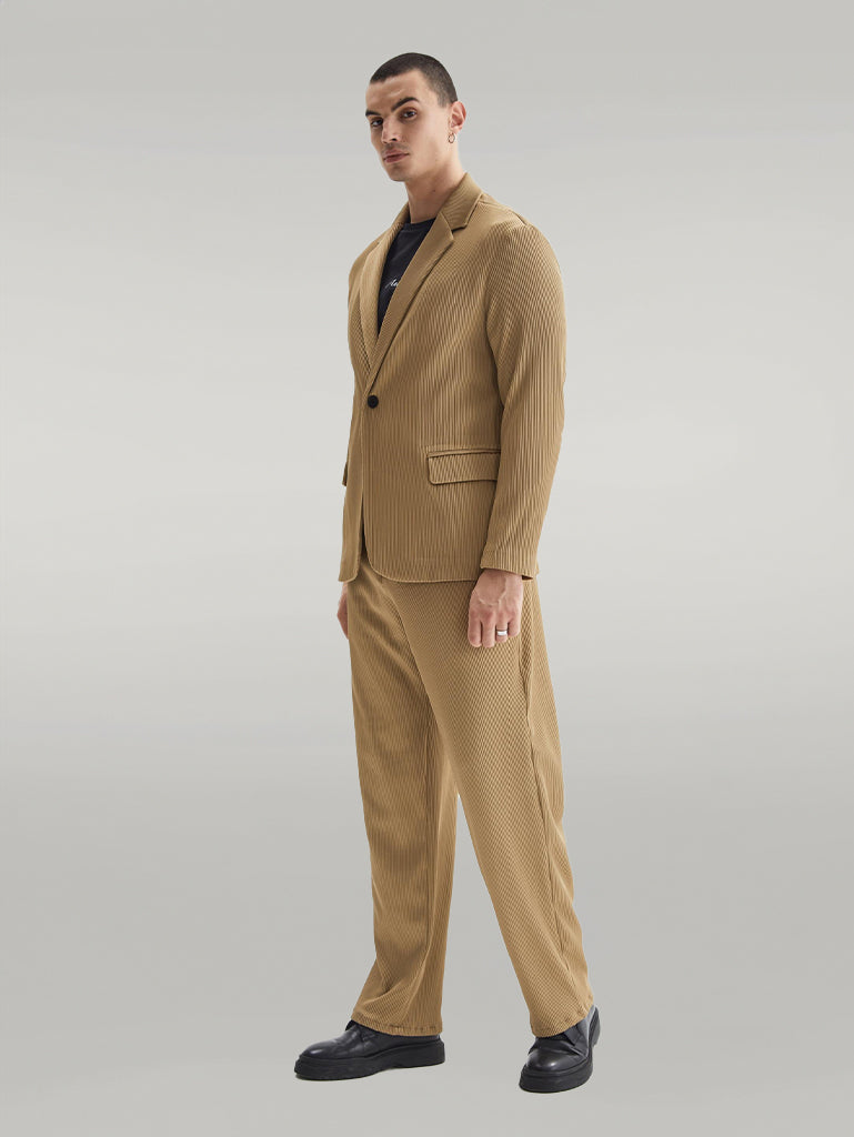 Men's Dark Beige Ribbed Textured Oversize Suit