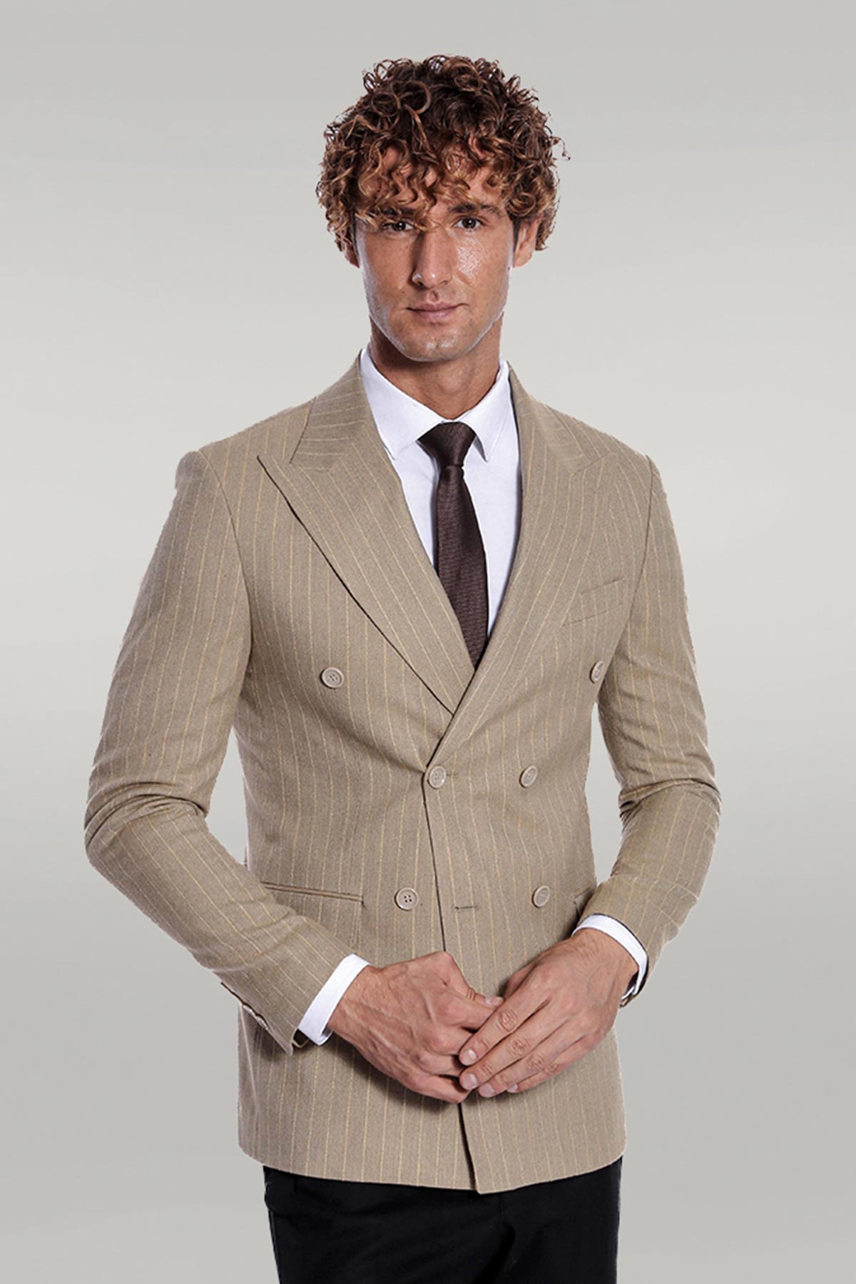 KOALA SYDNEY Striped Double Breasted Cream Men Blazer -