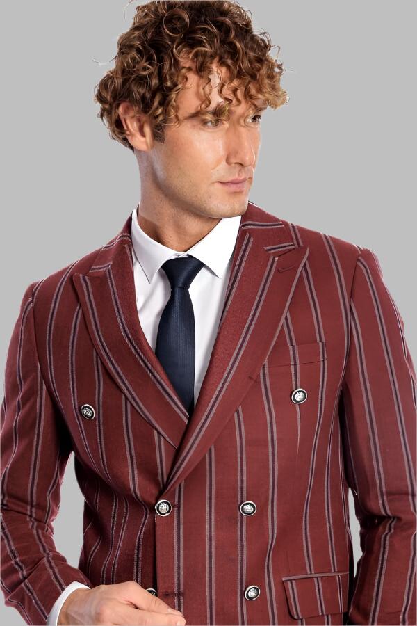Wide Lapel Striped Double Breasted Burgundy Men Blazer