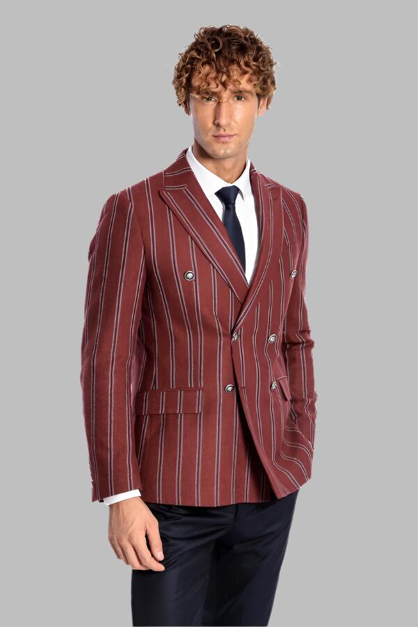 Wide Lapel Striped Double Breasted Burgundy Men Blazer