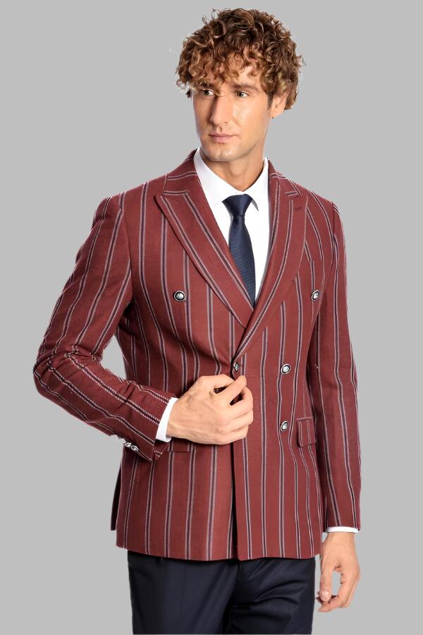 Wide Lapel Striped Double Breasted Burgundy Men Blazer