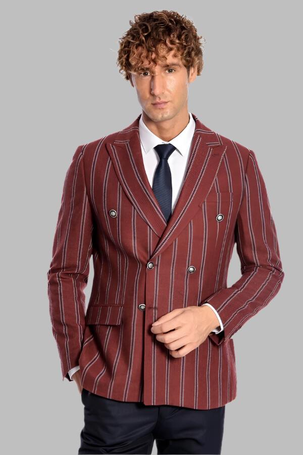 Wide Lapel Striped Double Breasted Burgundy Men Blazer