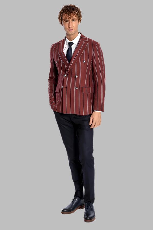 Wide Lapel Striped Double Breasted Burgundy Men Blazer