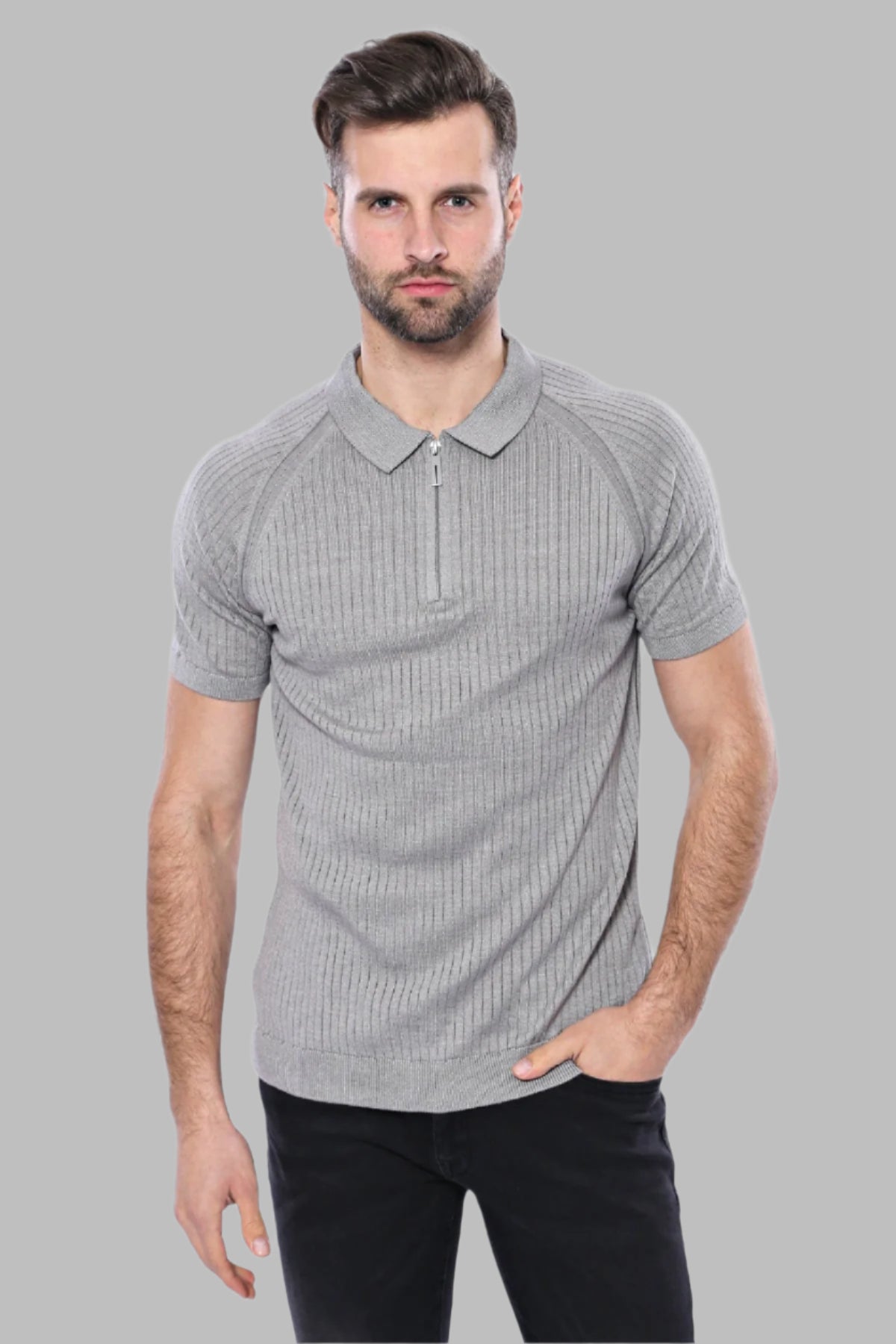 Polo Zippered Patterned Grey Knitted T-Shirt - Wessi