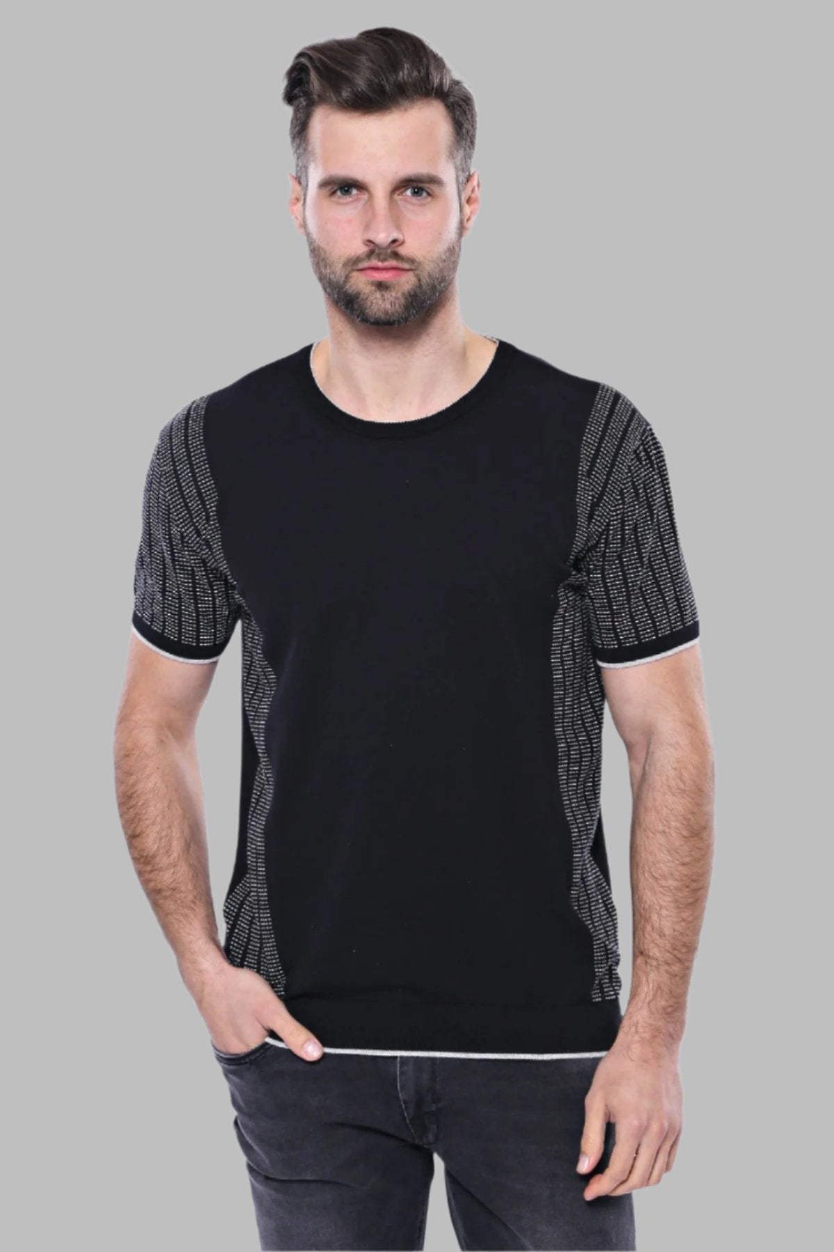 Circle Neck Patterned Black Knitted T-Shirt