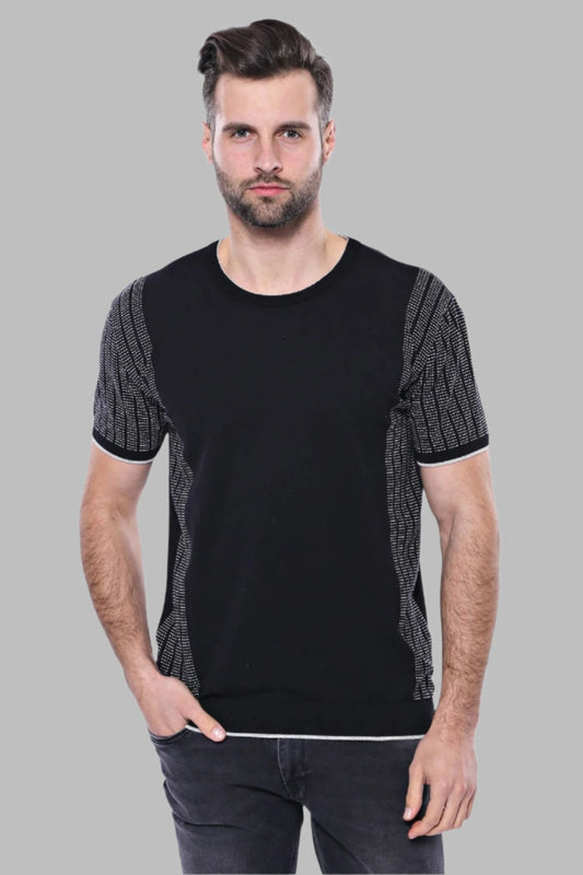 Circle Neck Patterned Black Knitted T-Shirt