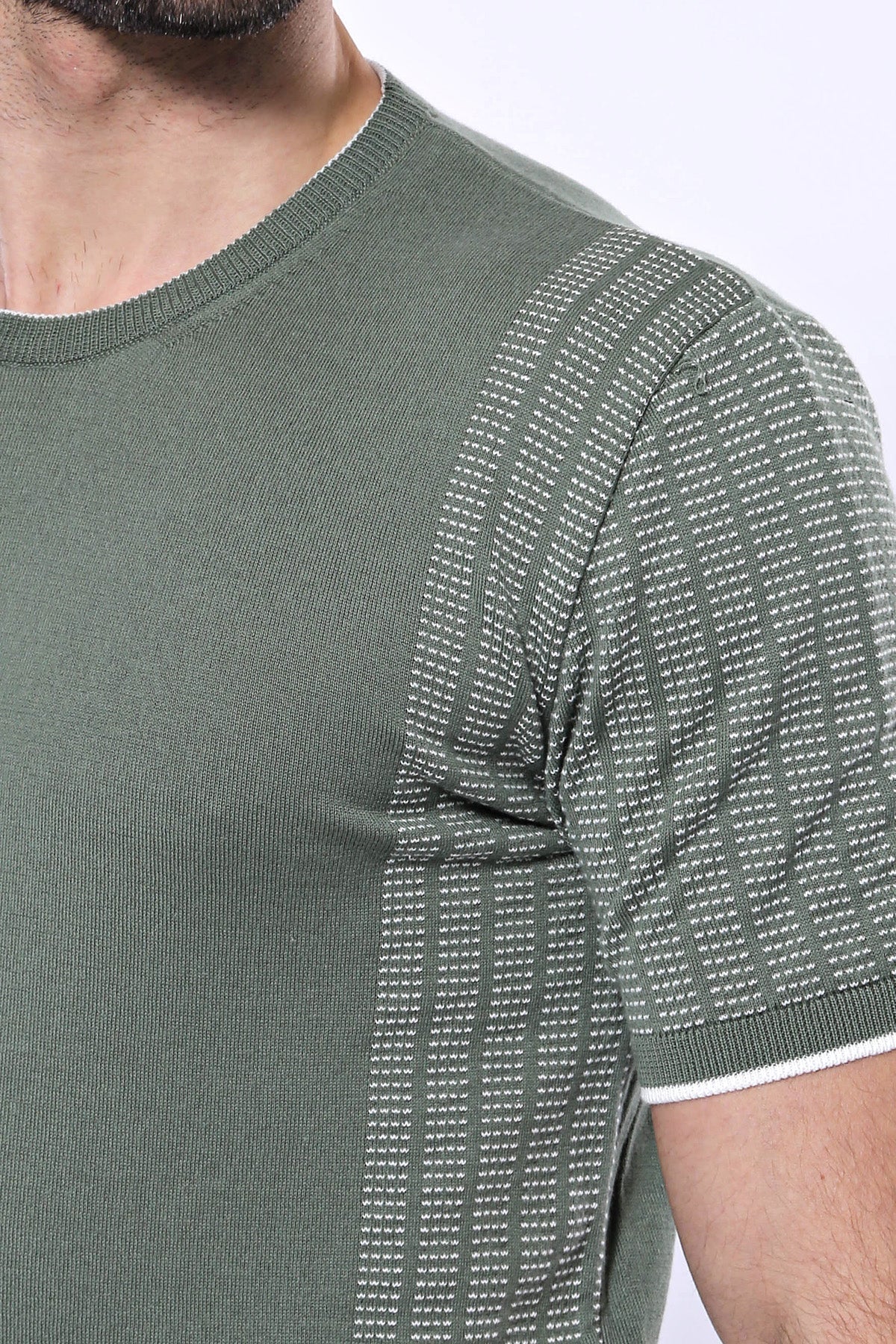 Circle Neck Patterned Green Knitted T-Shirt