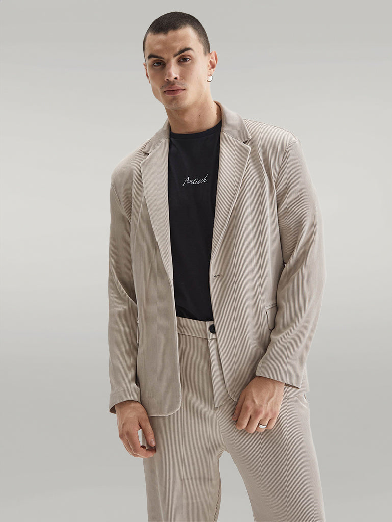 Men's Beige Ribbed Textured Oversize Suit - Wessi