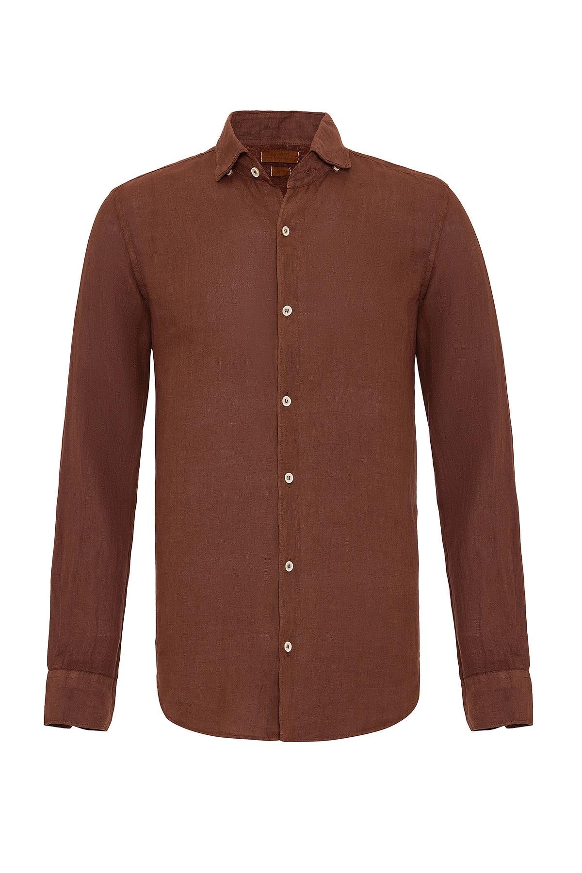 Men's Brown Collar Button Detailed 100% Linen Shirt