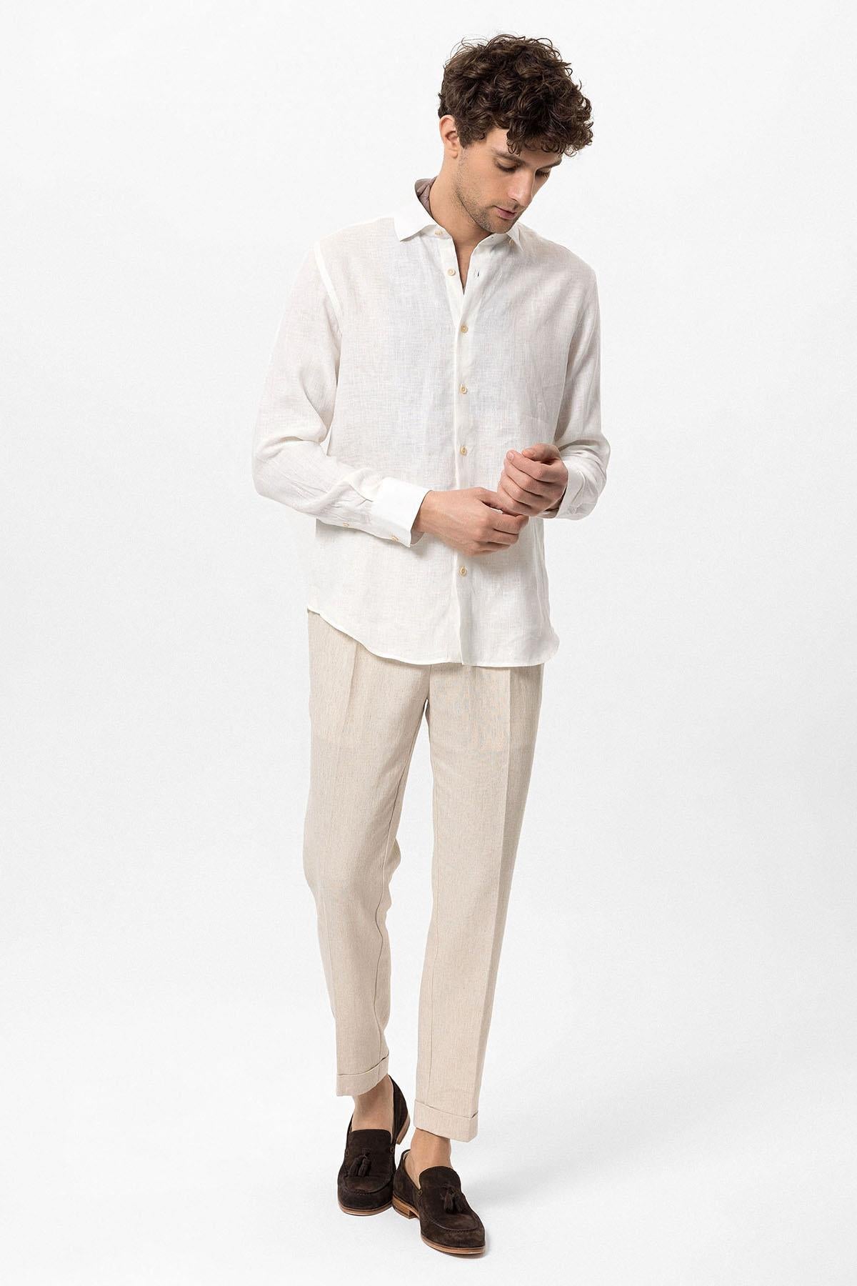 Men's White Collar Button Detail 100% Linen Shirt -