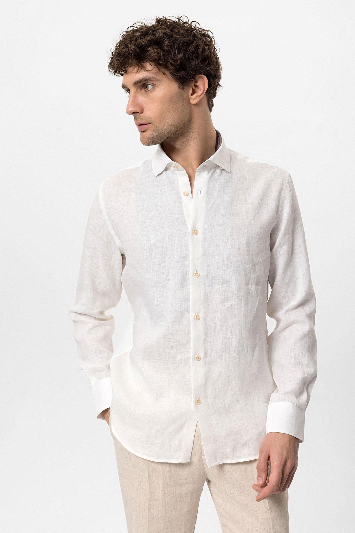 Men's White Collar Button Detail 100% Linen Shirt -
