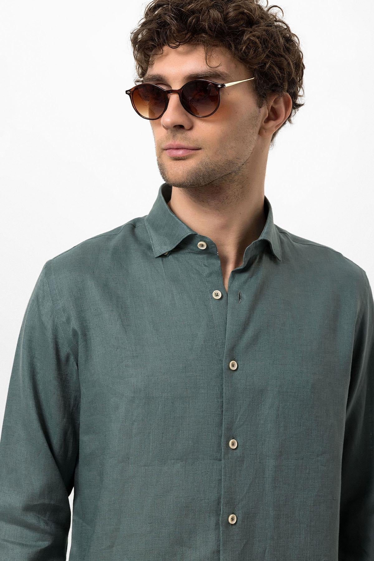 Men's Green Collar Button Detail 100% Linen Shirt