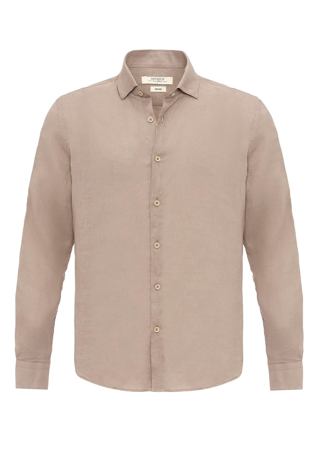 Men's Beige Collar Button Detailed 100% Linen Shirt