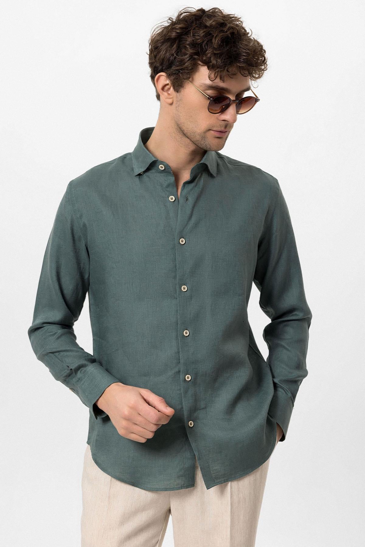 Men's Green Collar Button Detail 100% Linen Shirt