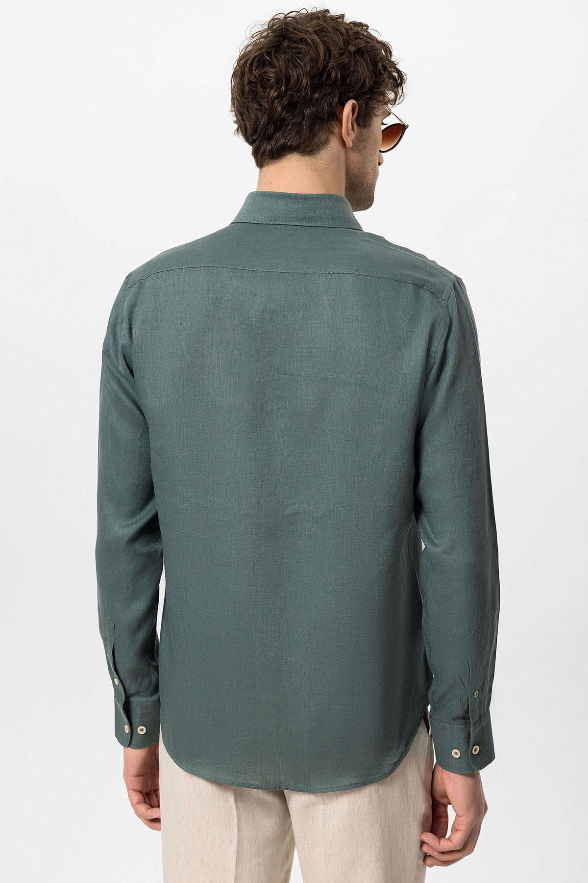 Men's Green Collar Button Detail 100% Linen Shirt