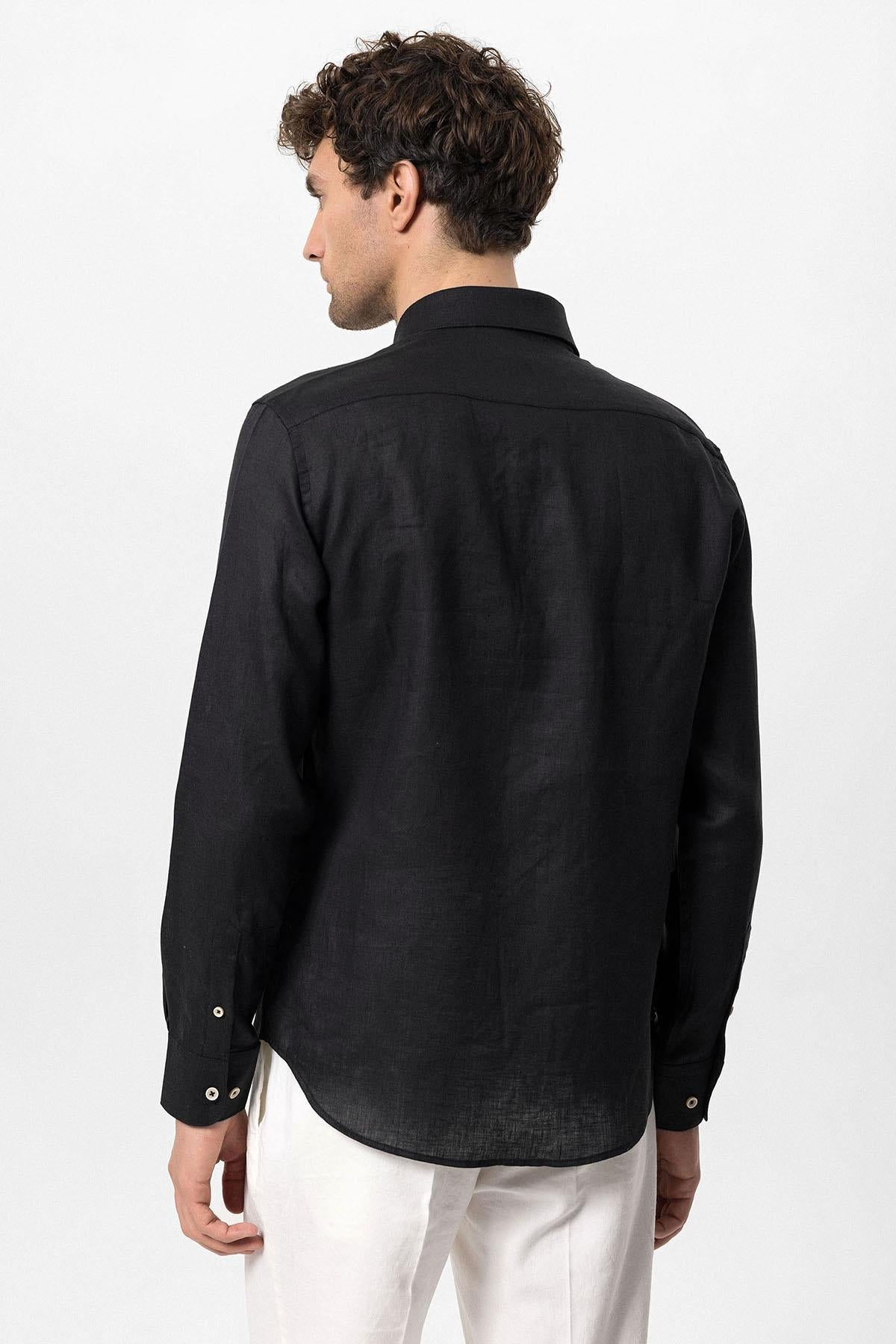 Men's Black Collar Button Detail 100% Linen Shirt