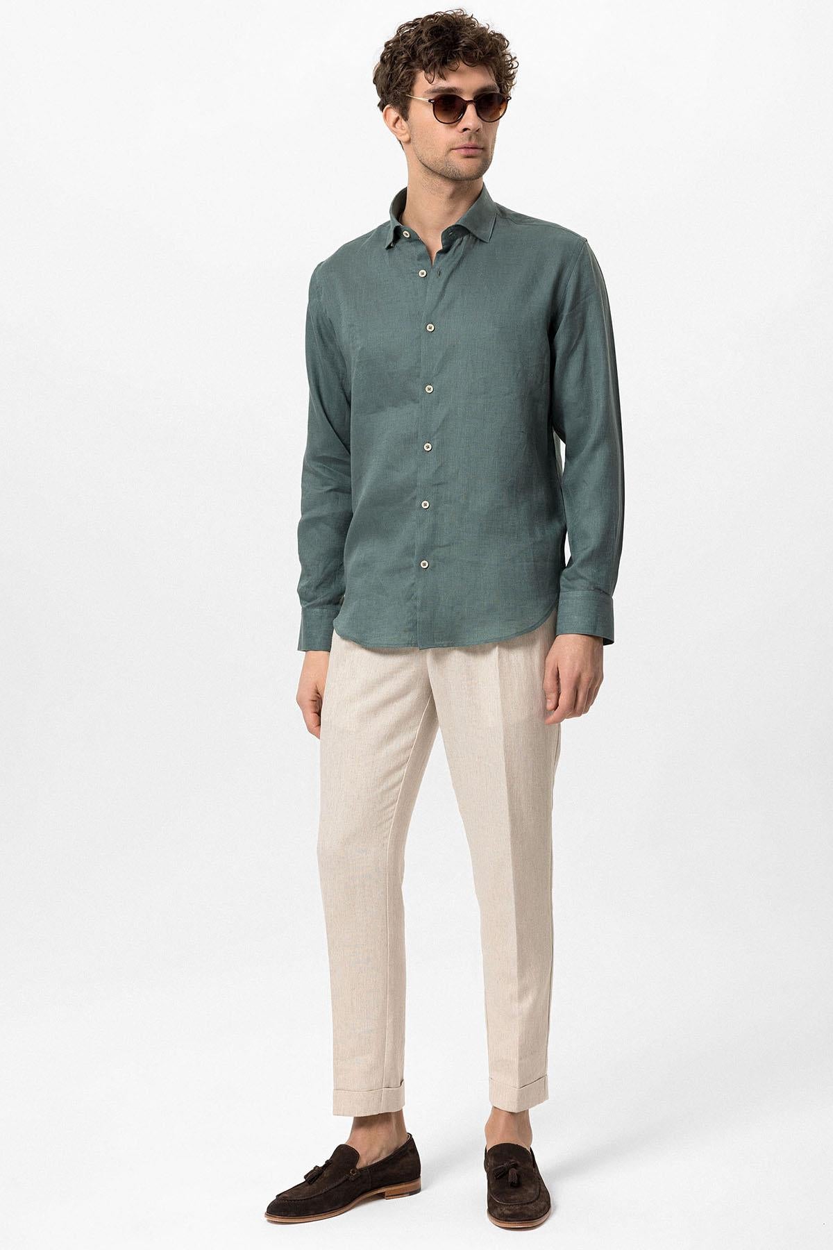 Men's Green Collar Button Detail 100% Linen Shirt
