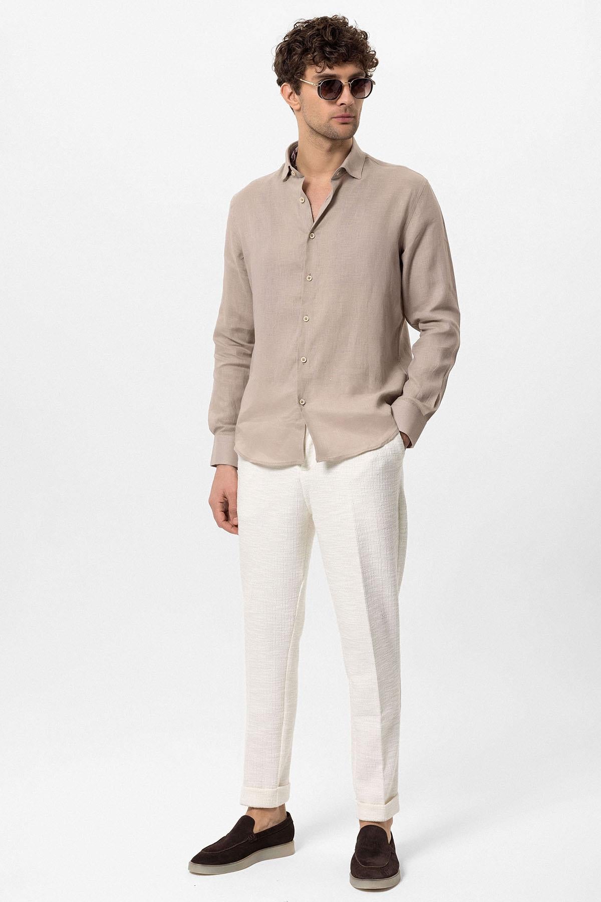 Men's Beige Collar Button Detailed 100% Linen Shirt