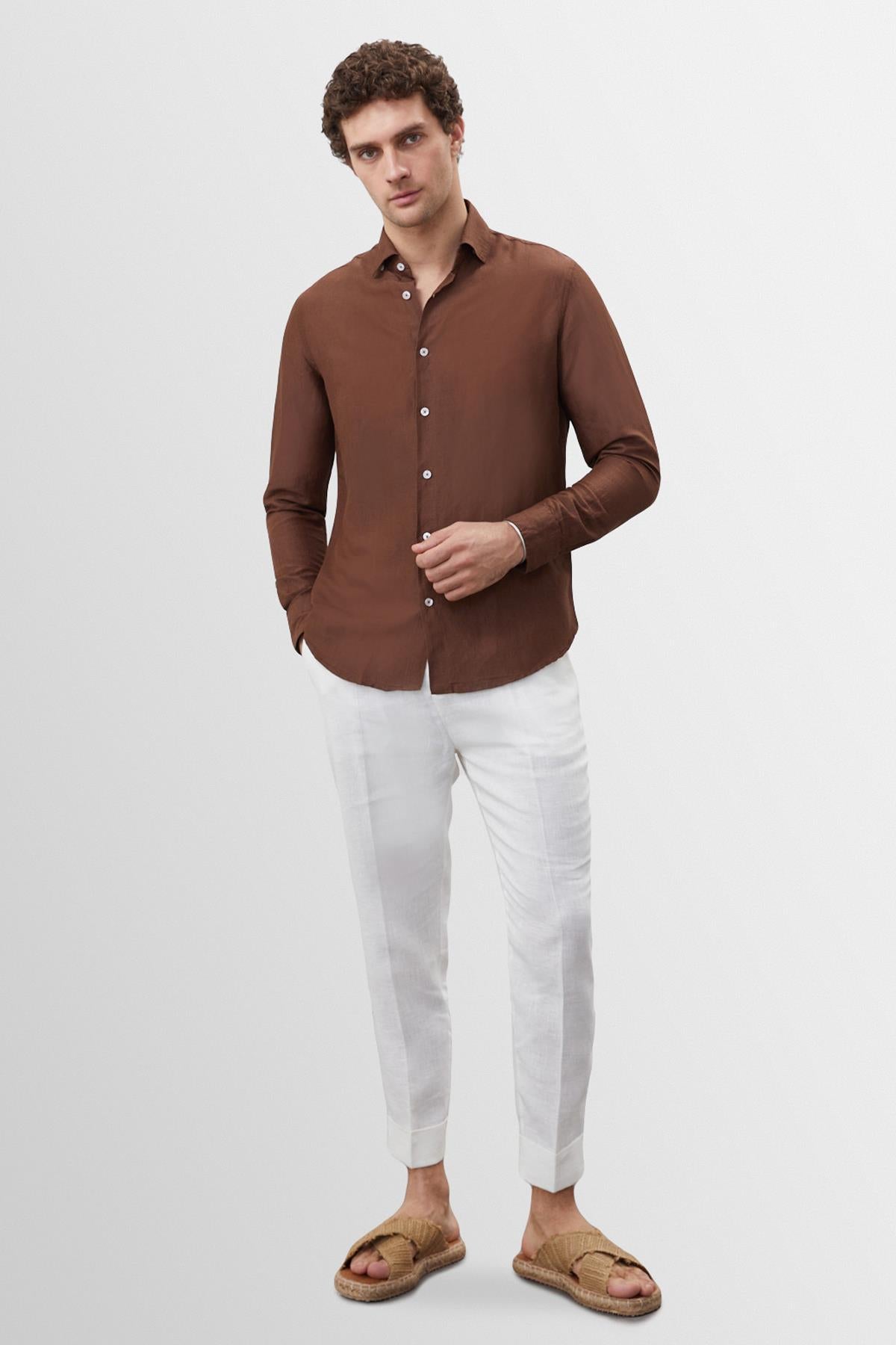 Men's Brown Collar Button Detailed 100% Linen Shirt