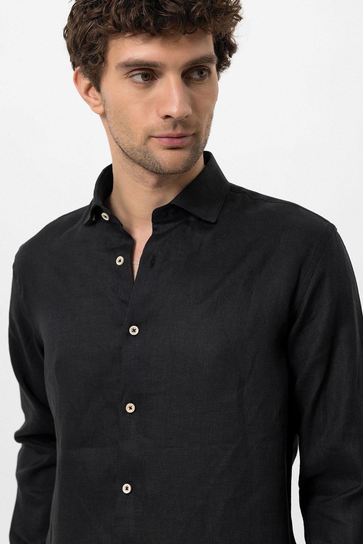 Men's Black Collar Button Detail 100% Linen Shirt
