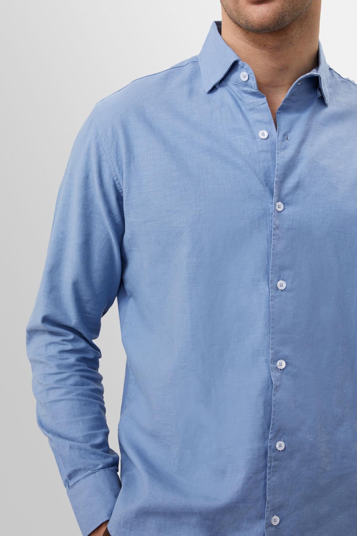Men's Dark Blue Collar Button Detail 100% Linen Shirt