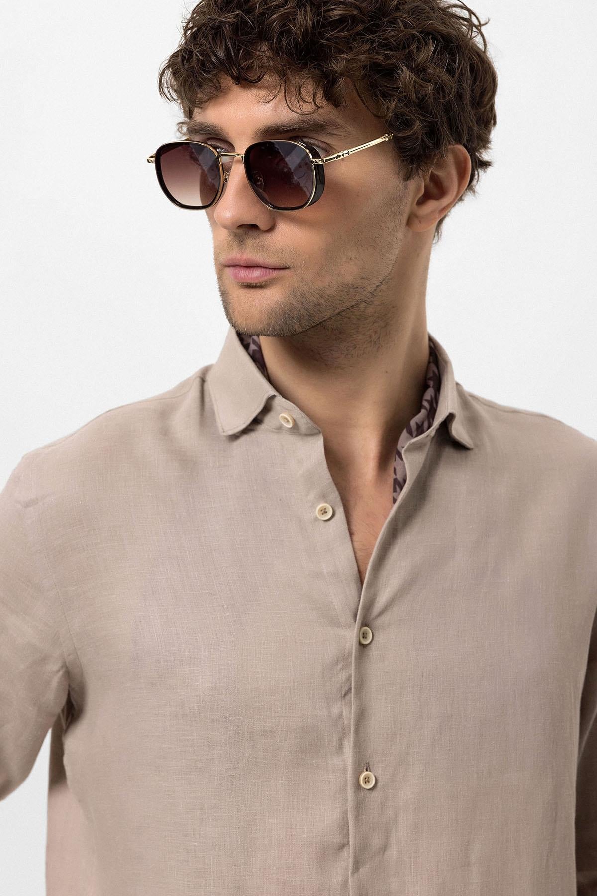 Men's Beige Collar Button Detailed 100% Linen Shirt