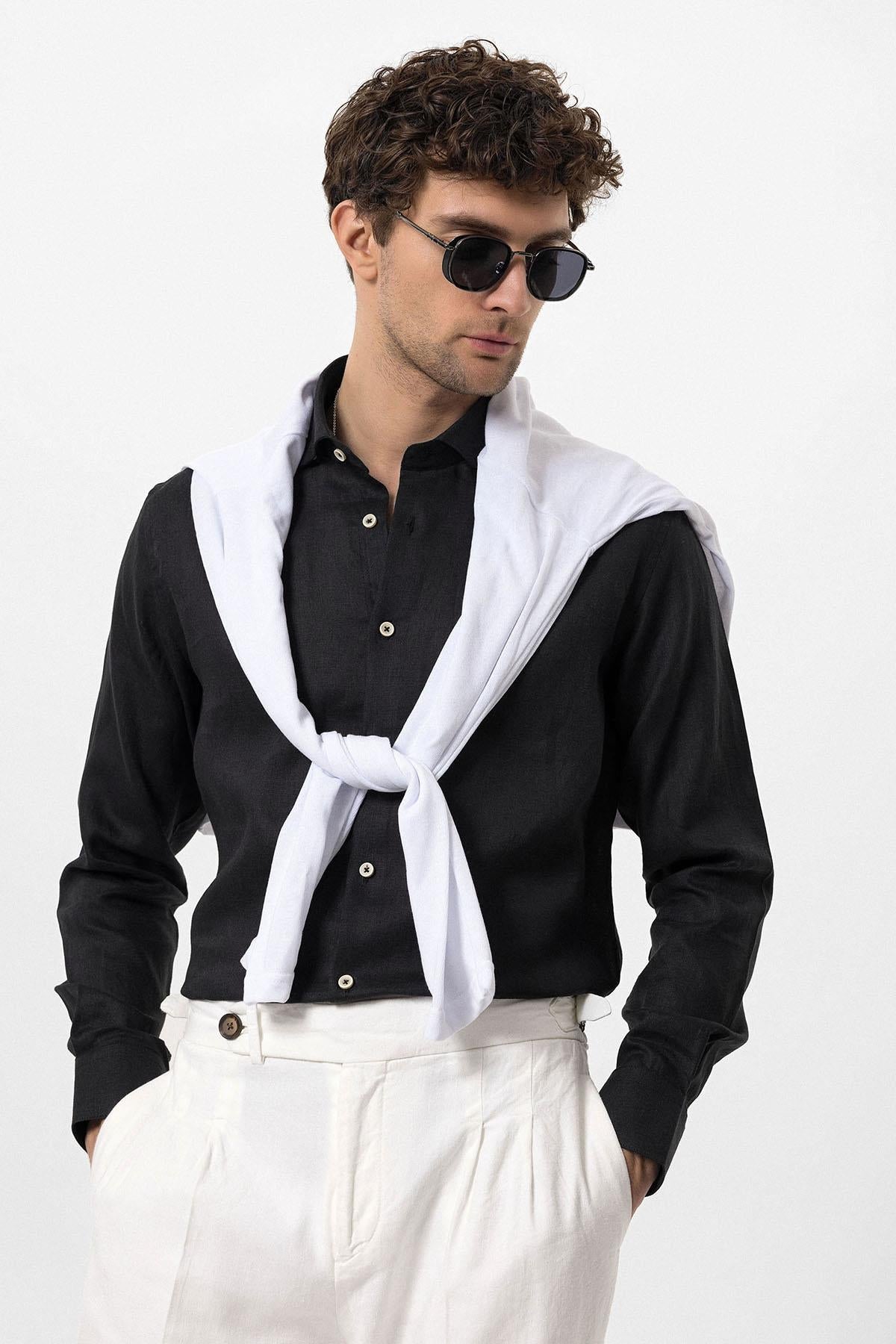 Men's Black Collar Button Detail 100% Linen Shirt