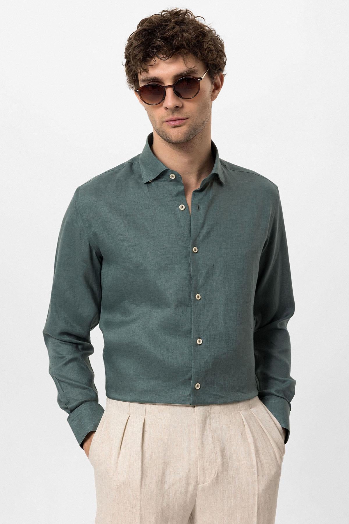 Men's Green Collar Button Detail 100% Linen Shirt