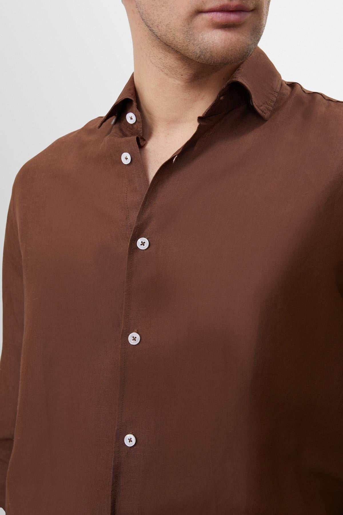 Men's Brown Collar Button Detailed 100% Linen Shirt