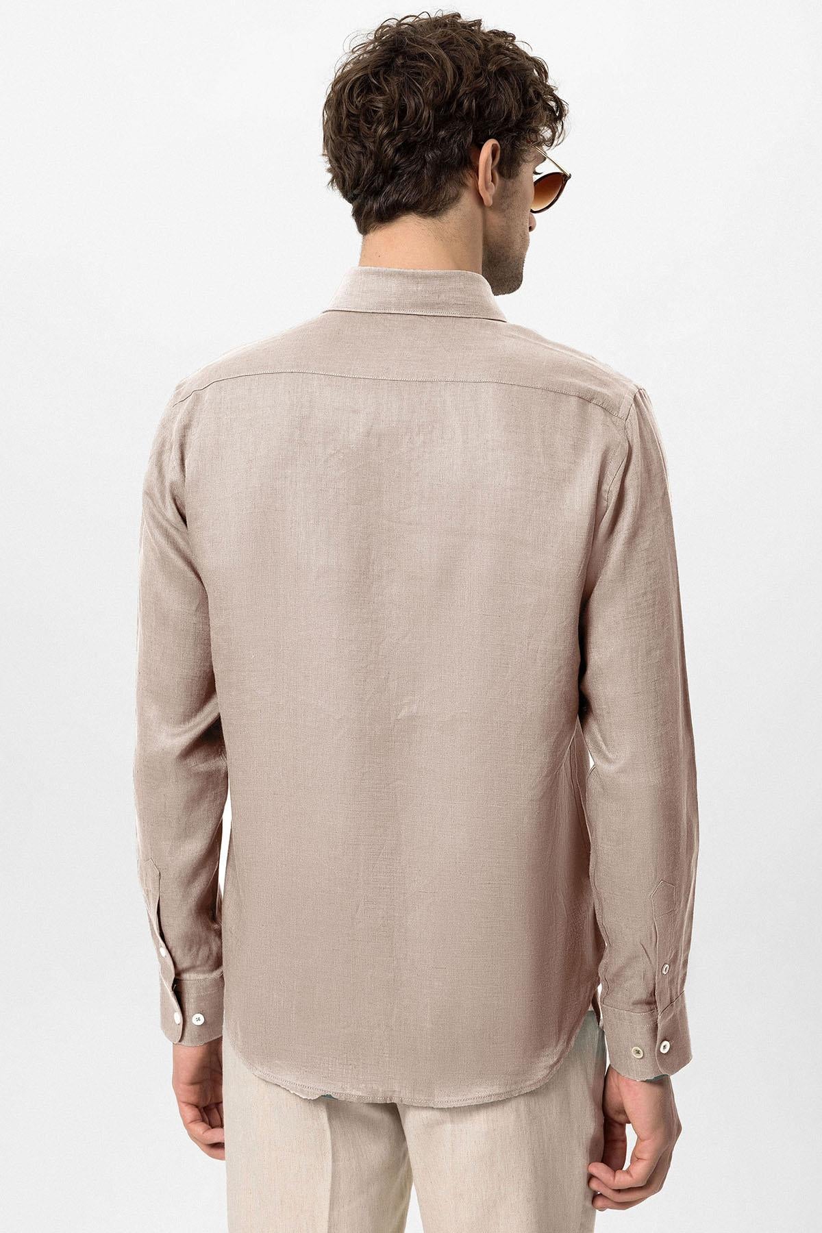 Men's Beige Collar Button Detailed 100% Linen Shirt