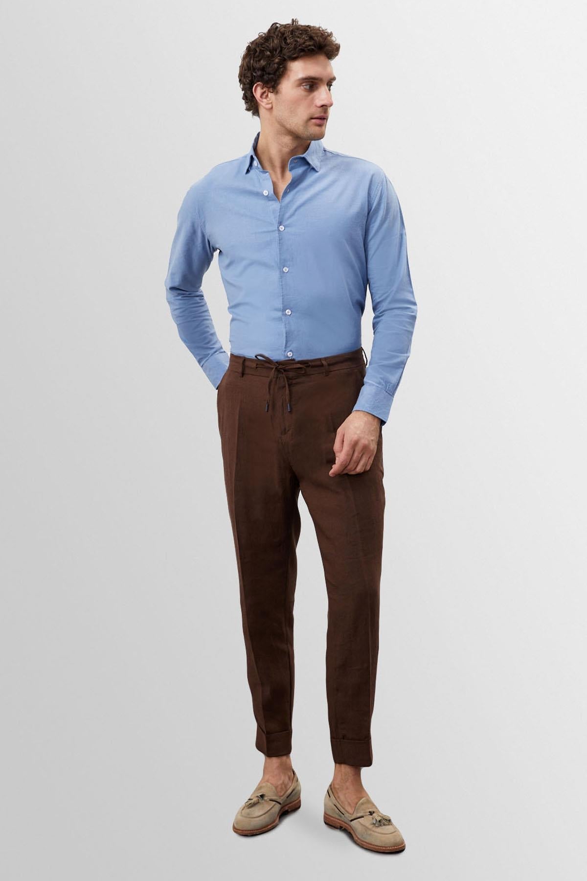 Men's Dark Blue Collar Button Detail 100% Linen Shirt -