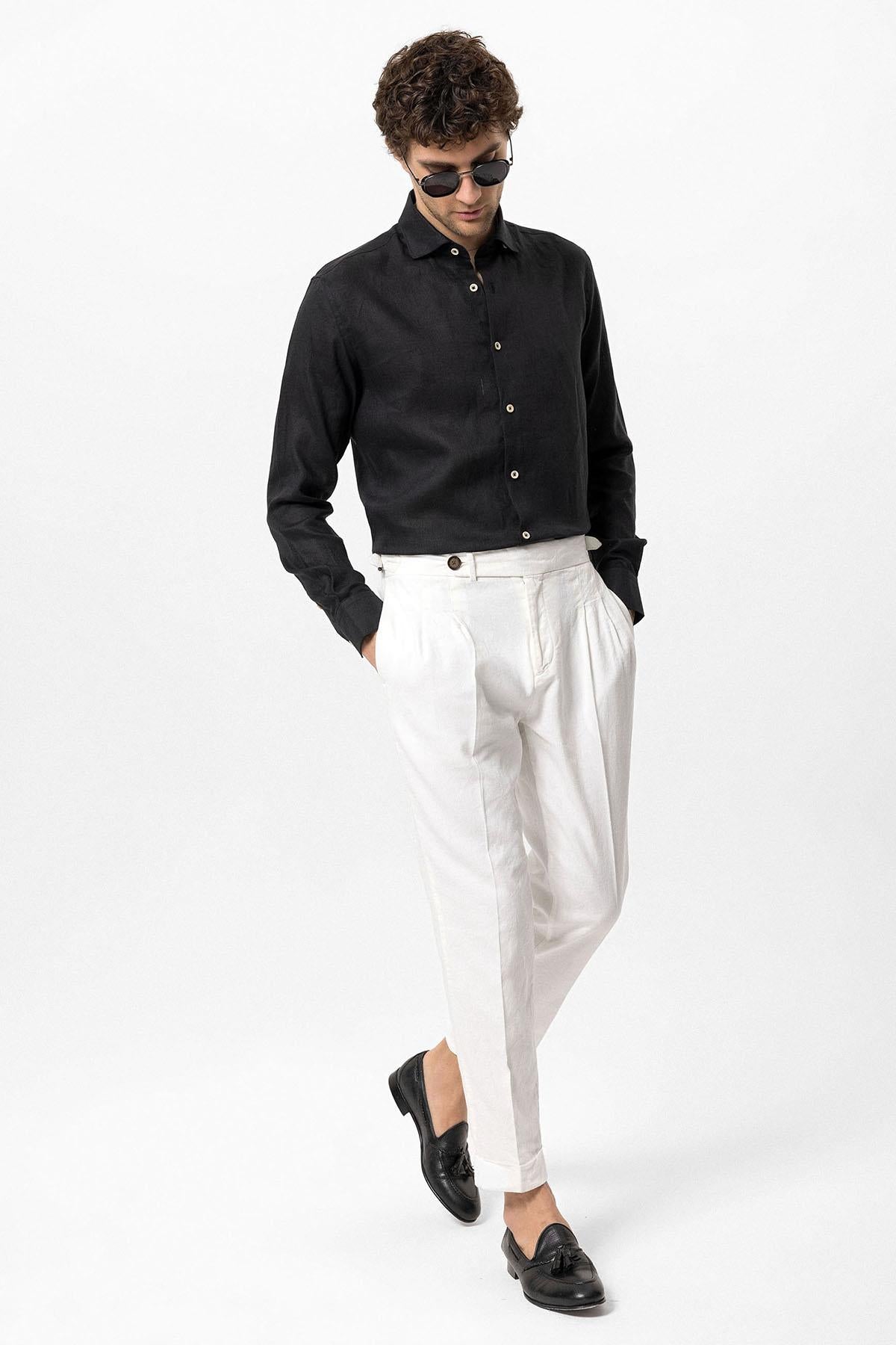 Men's Black Collar Button Detail 100% Linen Shirt