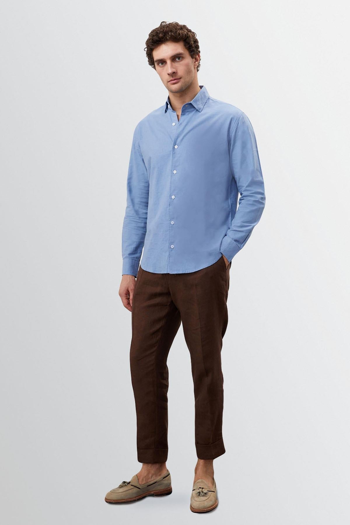 Men's Dark Blue Collar Button Detail 100% Linen Shirt