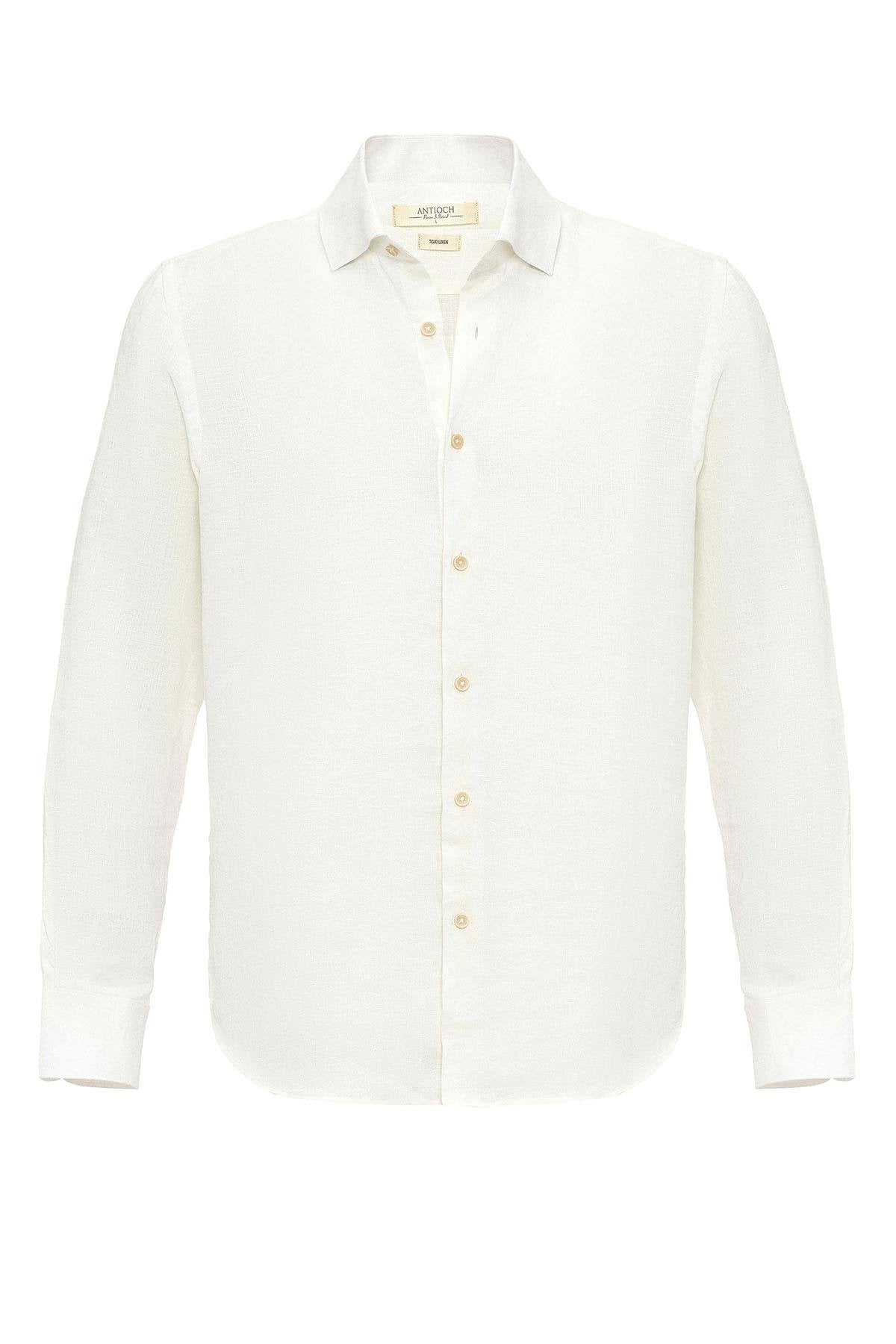 Men's White Collar Button Detail 100% Linen Shirt -