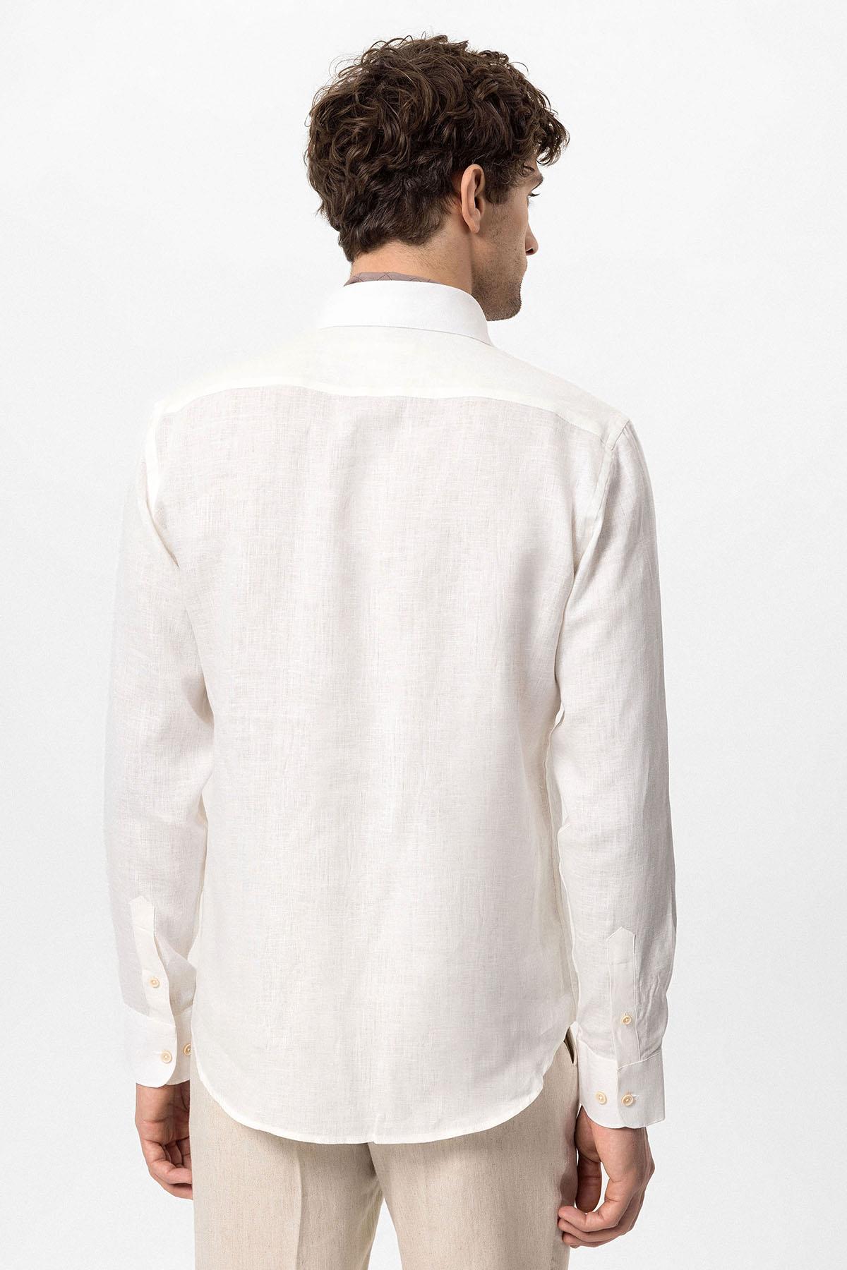 Men's White Collar Button Detail 100% Linen Shirt -