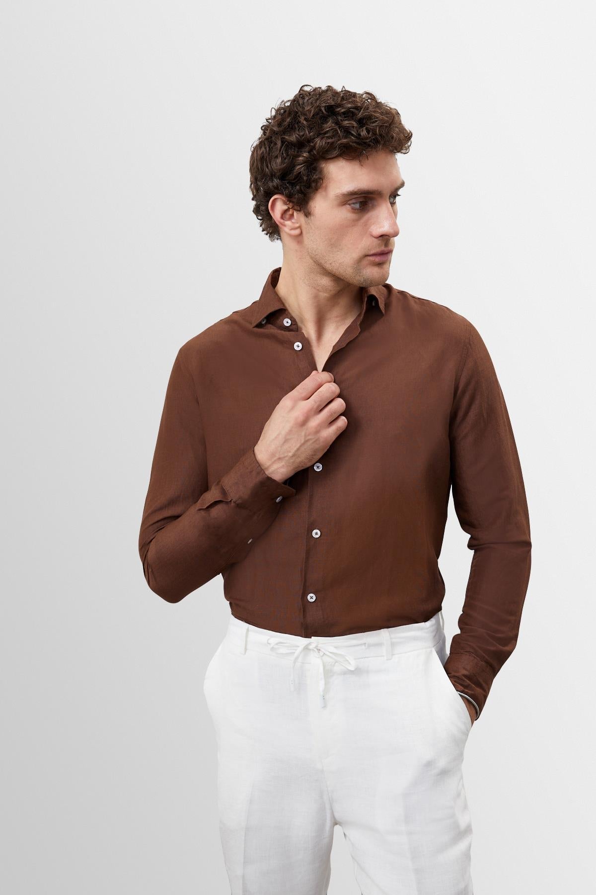 Men's Brown Collar Button Detailed 100% Linen Shirt