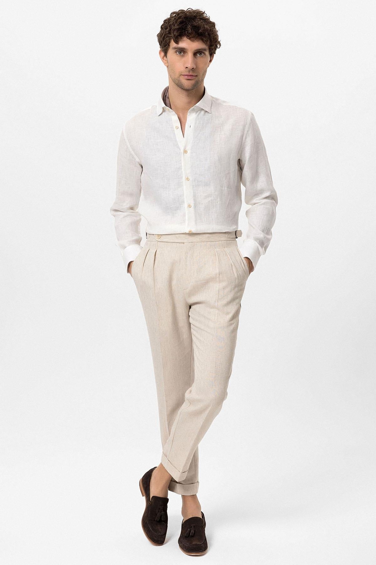 Men's White Collar Button Detail 100% Linen Shirt -