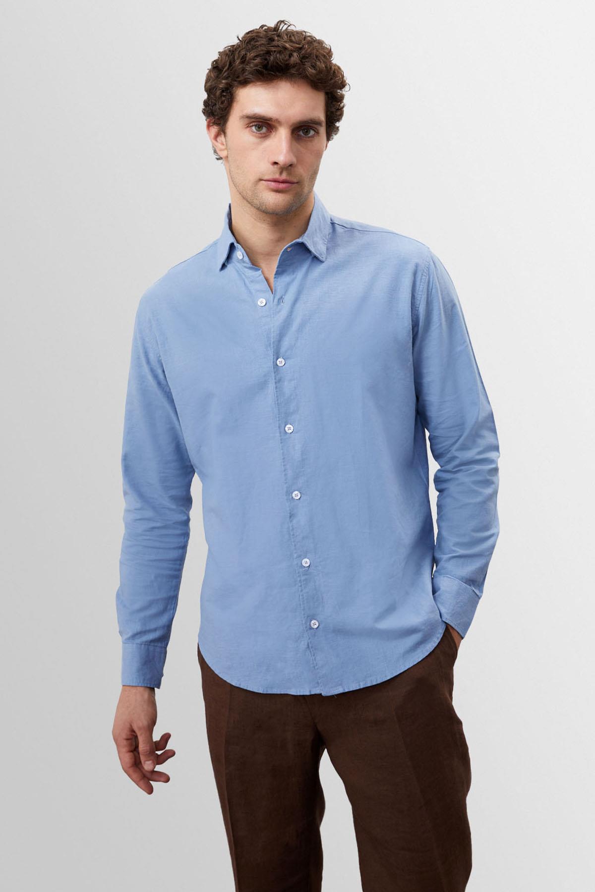 Men's Dark Blue Collar Button Detail 100% Linen Shirt