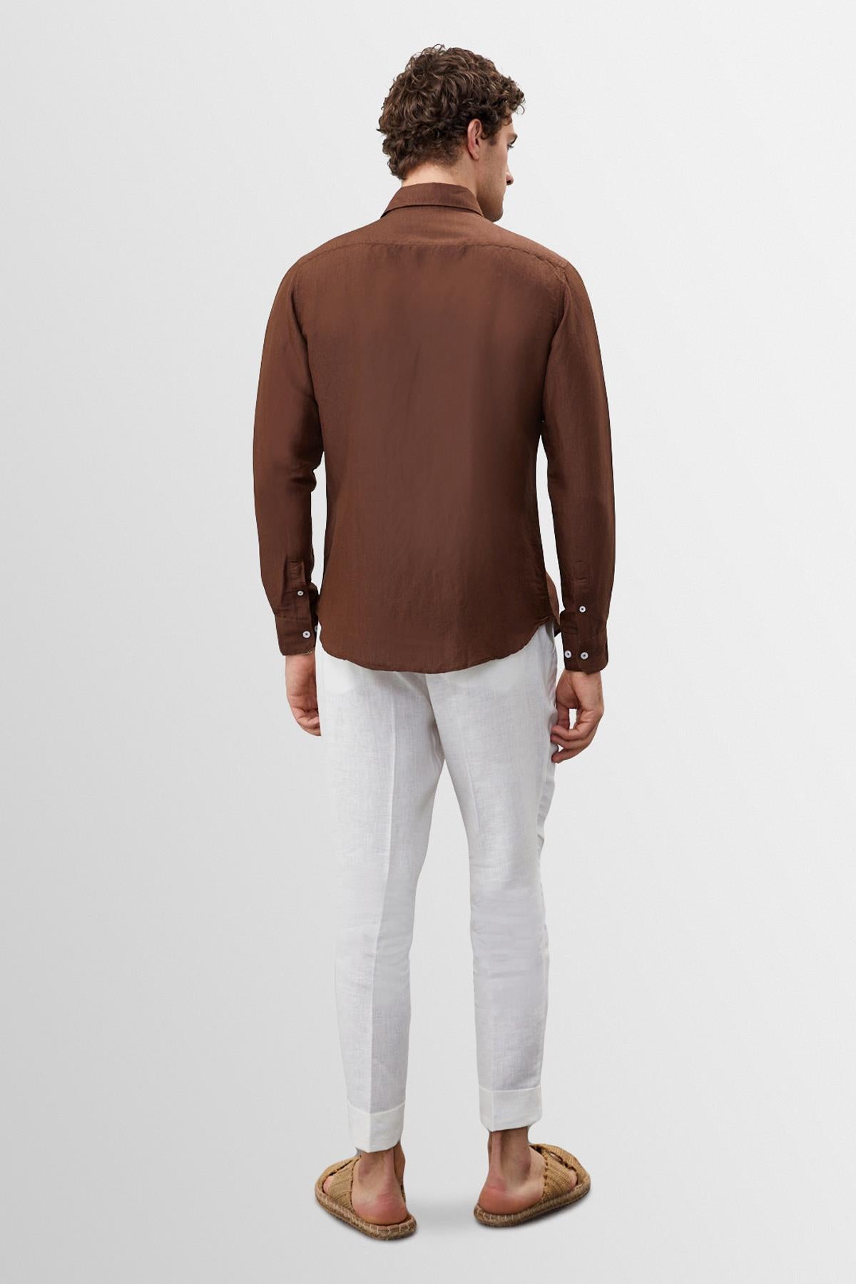 Men's Brown Collar Button Detailed 100% Linen Shirt