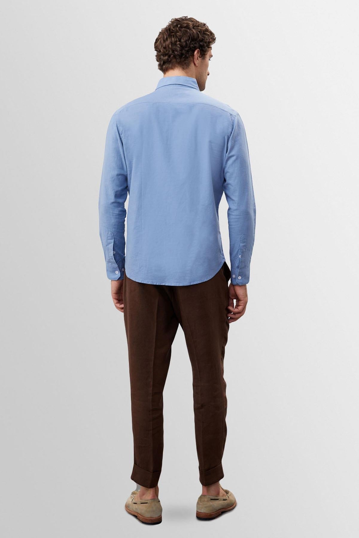Men's Dark Blue Collar Button Detail 100% Linen Shirt