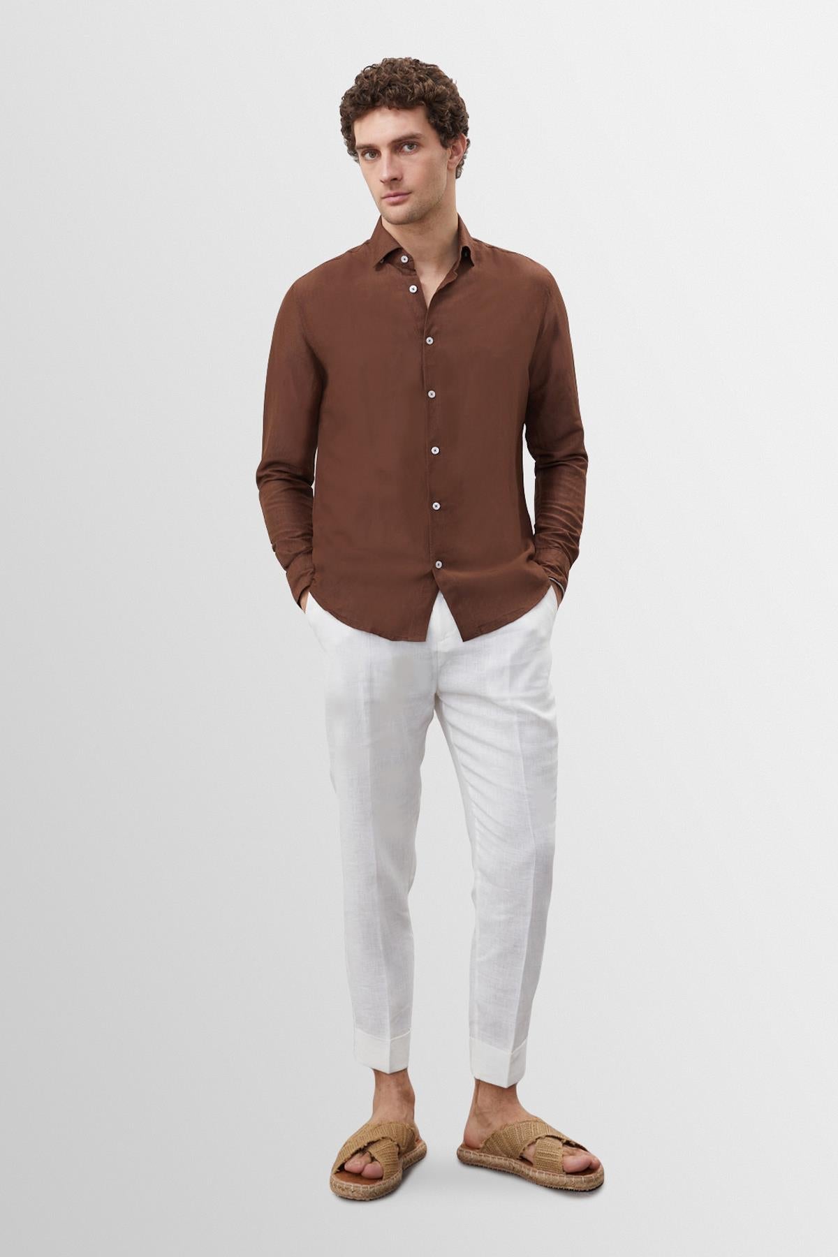 Men's Brown Collar Button Detailed 100% Linen Shirt