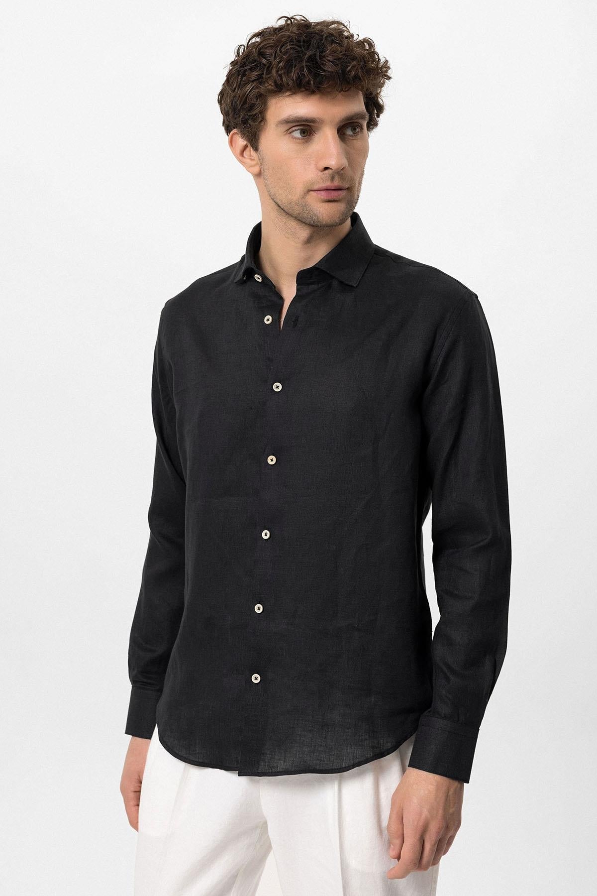 Men's Black Collar Button Detail 100% Linen Shirt