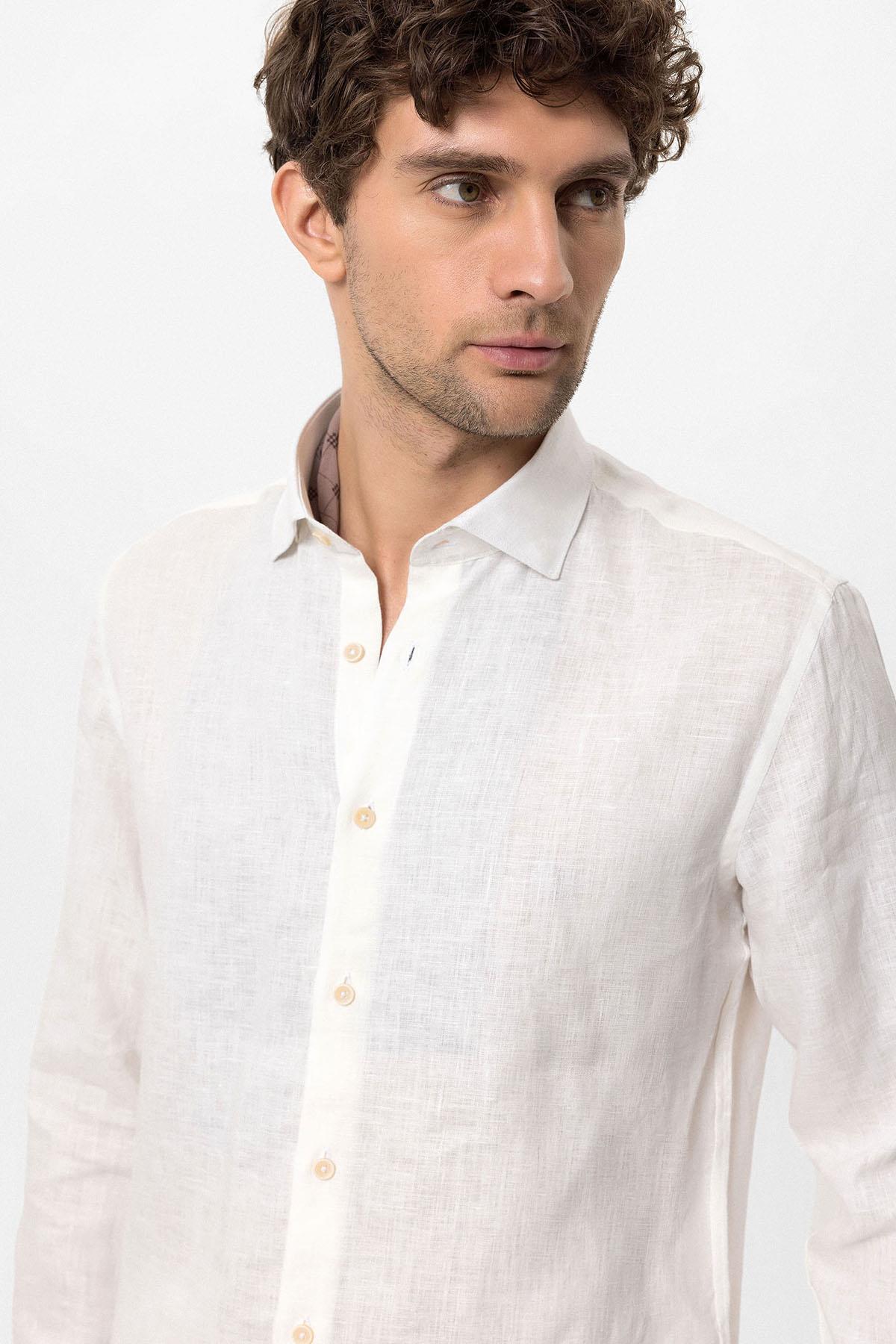 Men's White Collar Button Detail 100% Linen Shirt -