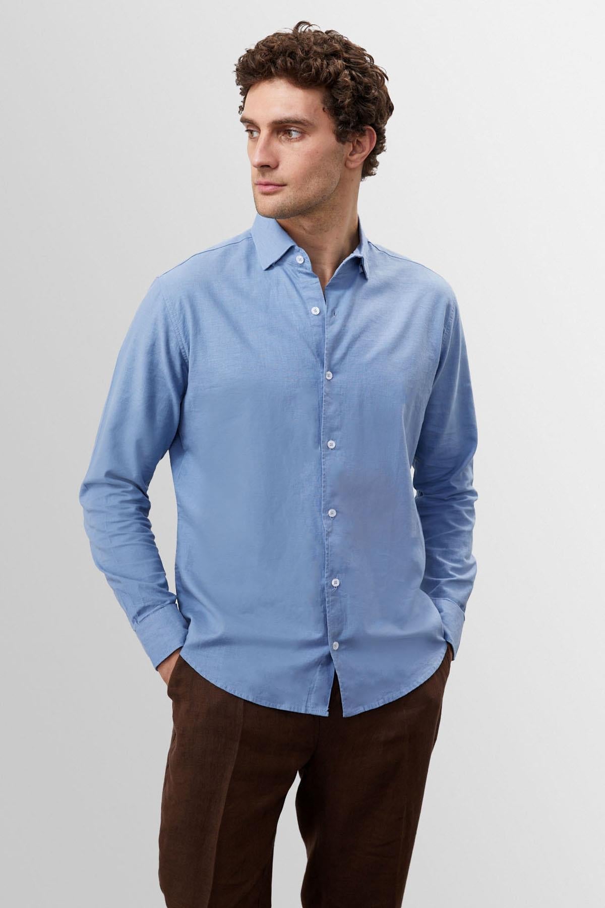 Men's Dark Blue Collar Button Detail 100% Linen Shirt